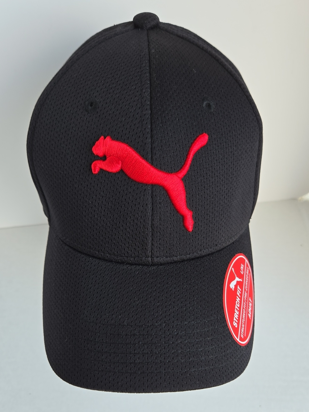 Puma Black Red Embroidered Logo Stretch Fit Hat L/XL